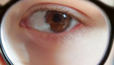 Macro de un ojo infantil a través de un cristal graduado para entender a qué se debe la miopía en edad escolar.