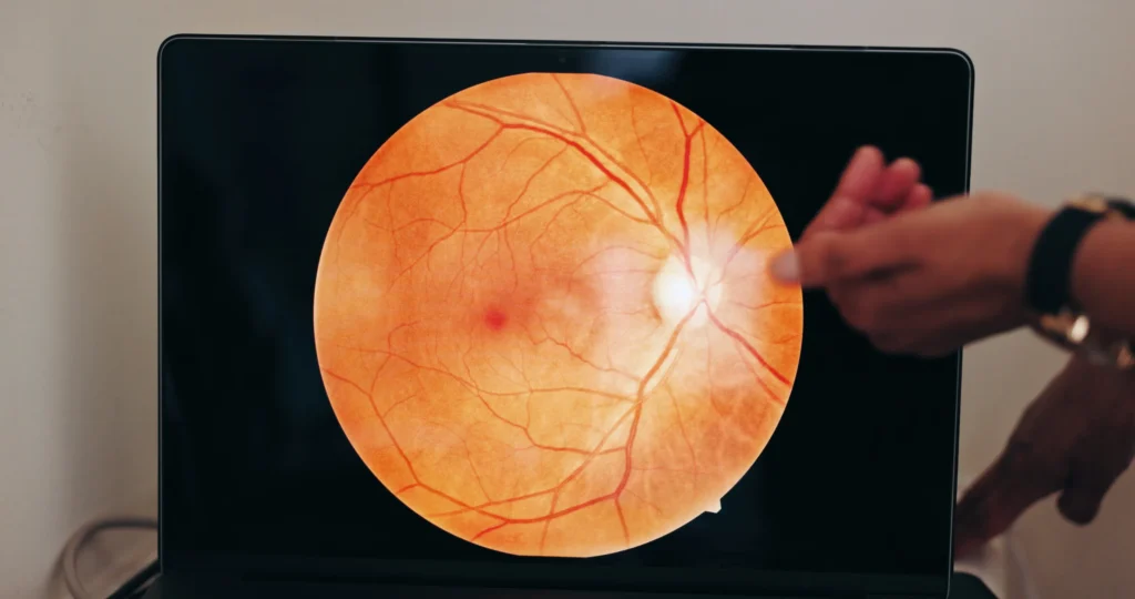 Una mano indica una anomalía en la pantalla del ordenador para aclarar si es peligroso el desprendimiento de retina agudo.