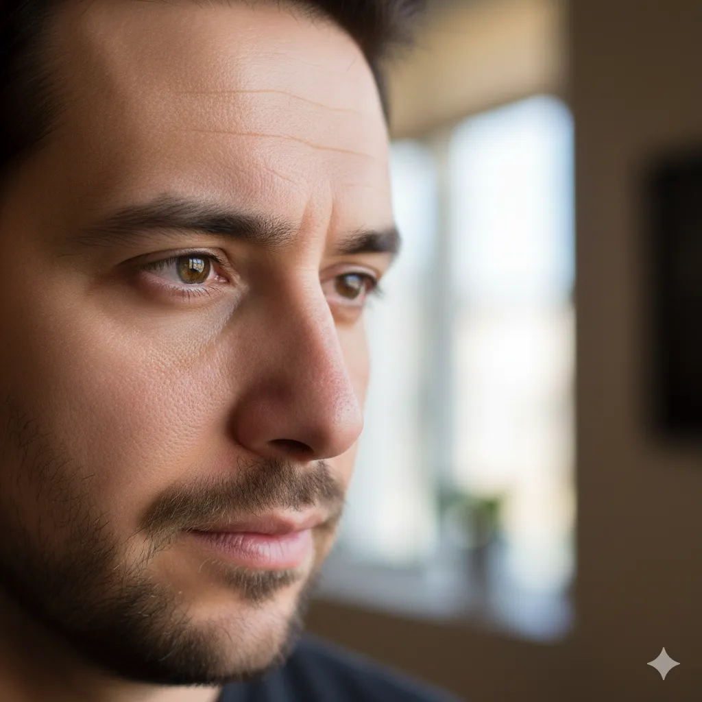 Retrato de un varón adulto con expresión de duda tras investigar qué es queratocono y cómo se corrige su visión borrosa.