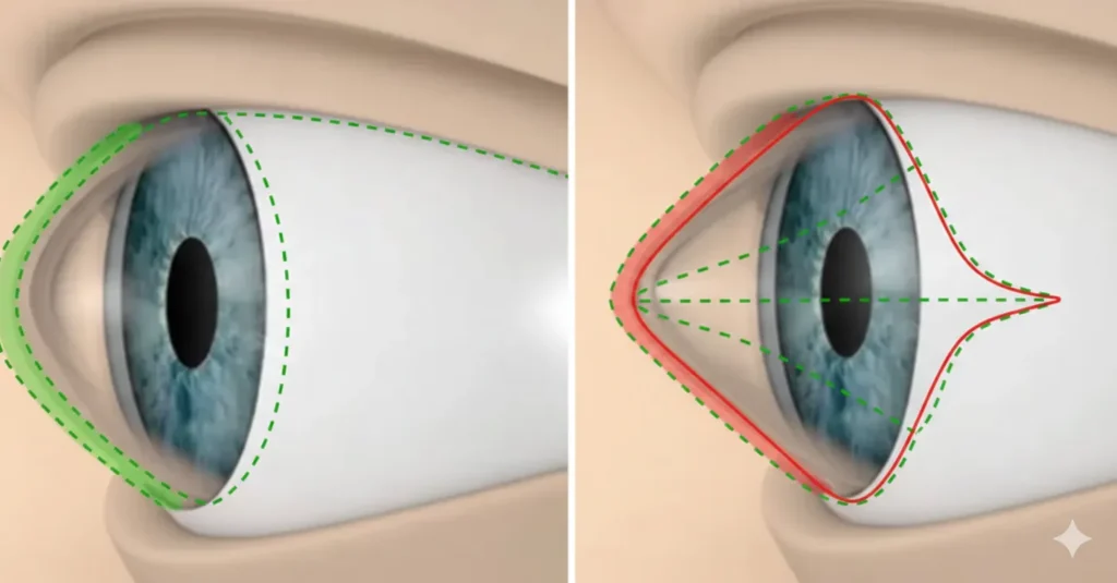 Esquema comparativo de la curvatura del ojo humano que detalla qué es queratocono y cómo se corrige mediante medicina.