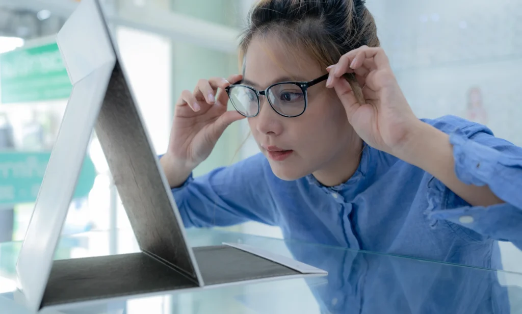 Una chica mira su reflejo al elegir monturas tras aprender a qué se debe la miopía y cómo afecta su visión de lejos.