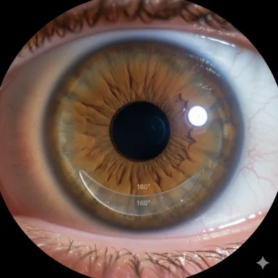 Macrofotografía de un ojo con segmento de anillo insertado mediante cirugía de queratocono para mejorar la agudeza