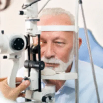 An elderly manat a slit lamp microscope while an ophthalmologist performs a thorough examination, to determine if he is a candidate for eye surgery in Mexico.