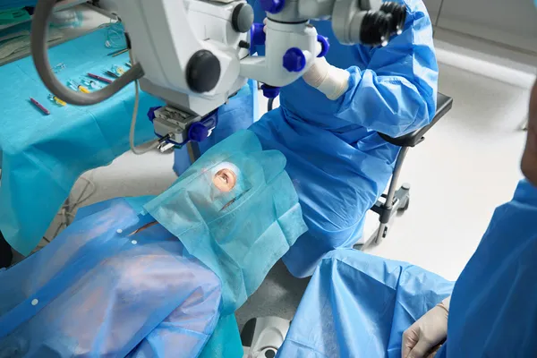 Ophthalmologist performing eye surgery in Mexico with specialized equipment and care focused on improving the patient’s vision.