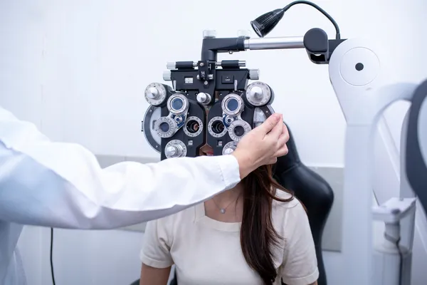 Ophthalmology clinic with a patient in consultation, seen by a certified ophthalmologist in Mexico, offering a comprehensive examination.